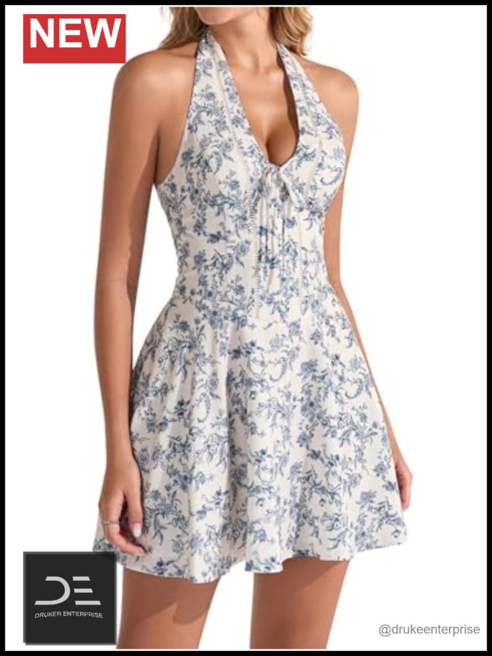 Halter V Neck Floral Mini Dress A-Line Sleeveless Homecoming